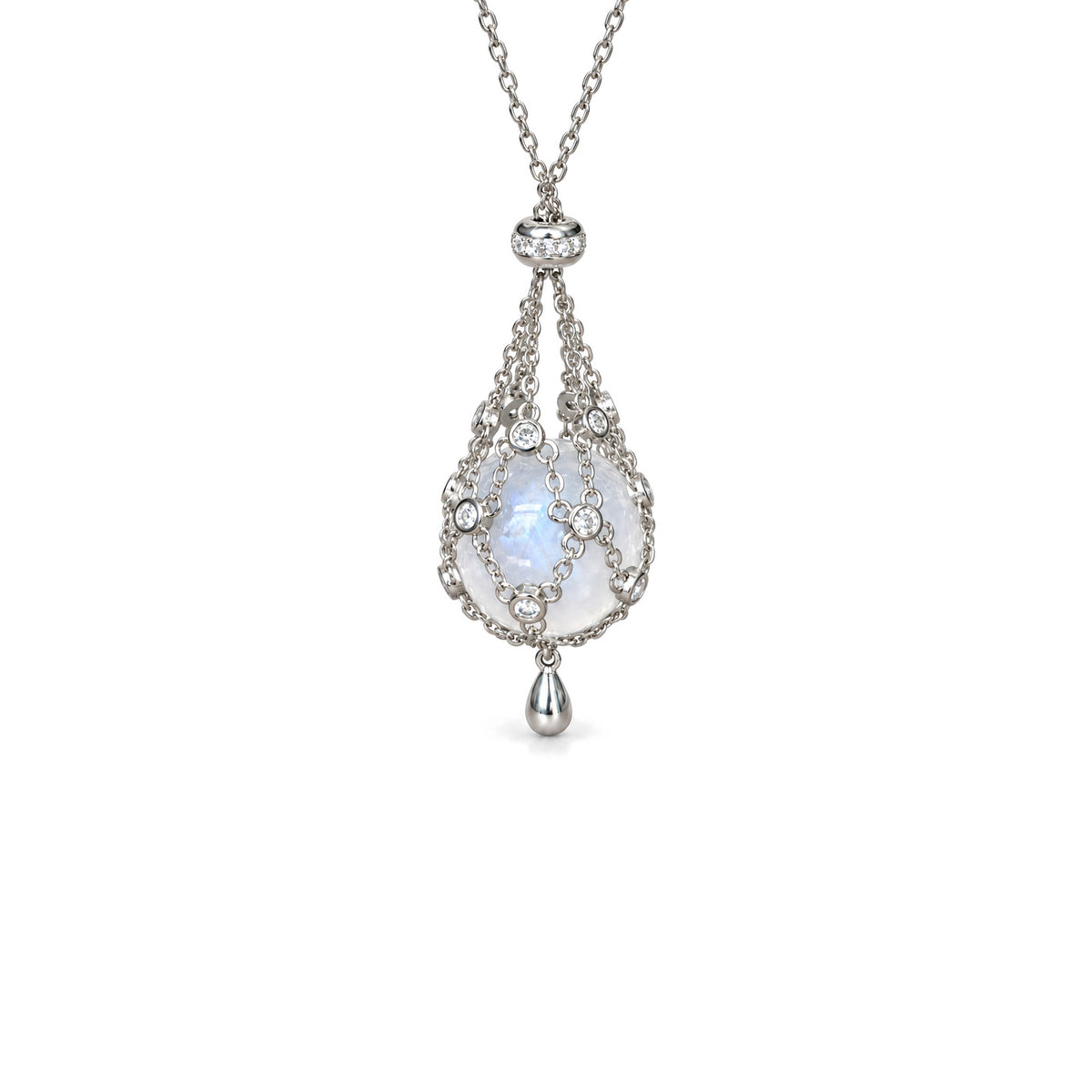 Moonstone Cage Necklace on a white studio background