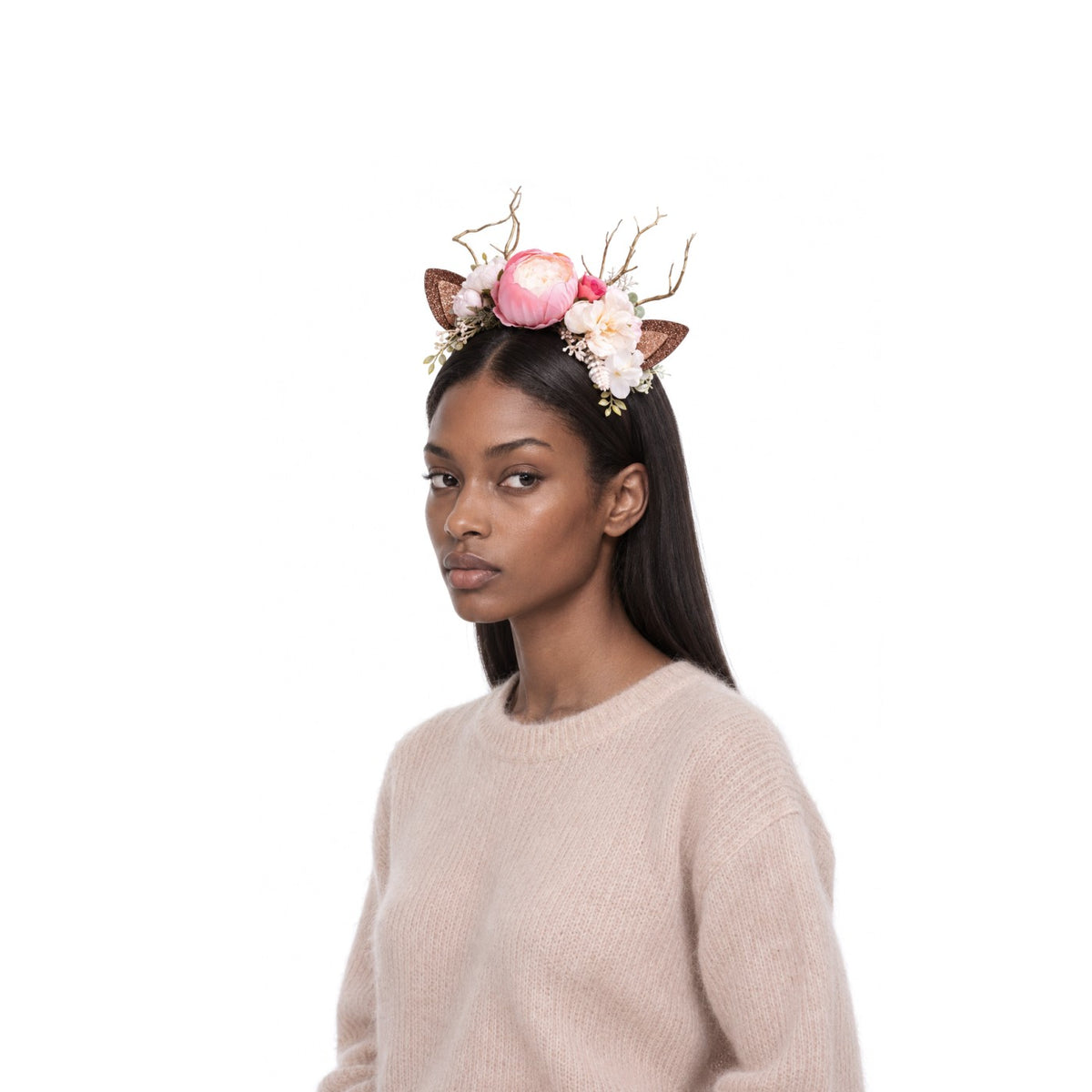 Blush Peony Christmas Reindeer Headband, worn by a model