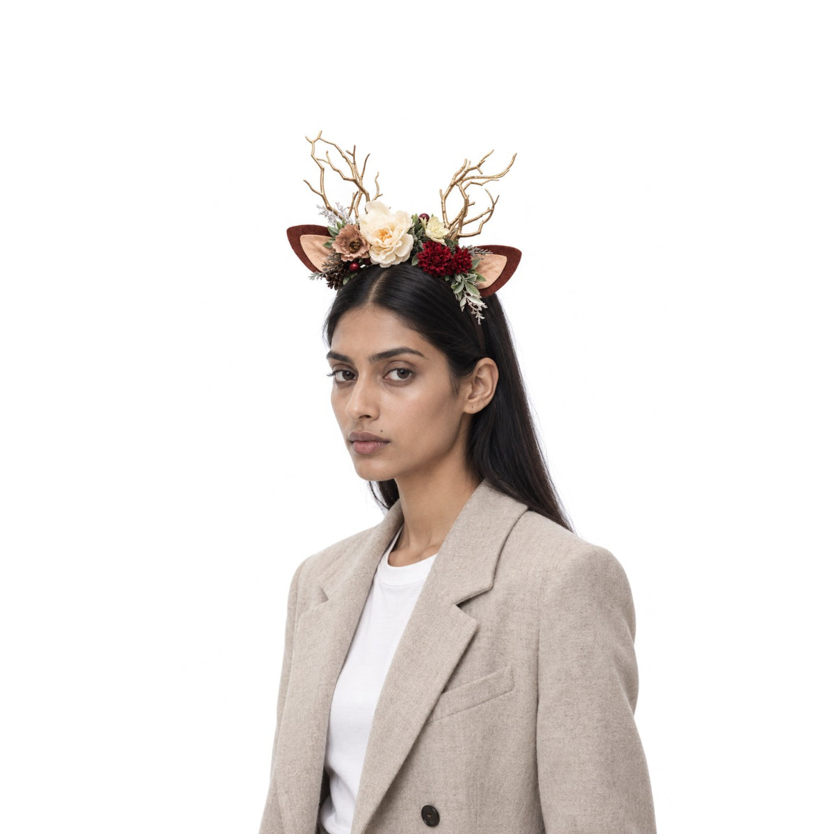 Cream Peony Christmas Reindeer Headband, worn by a model