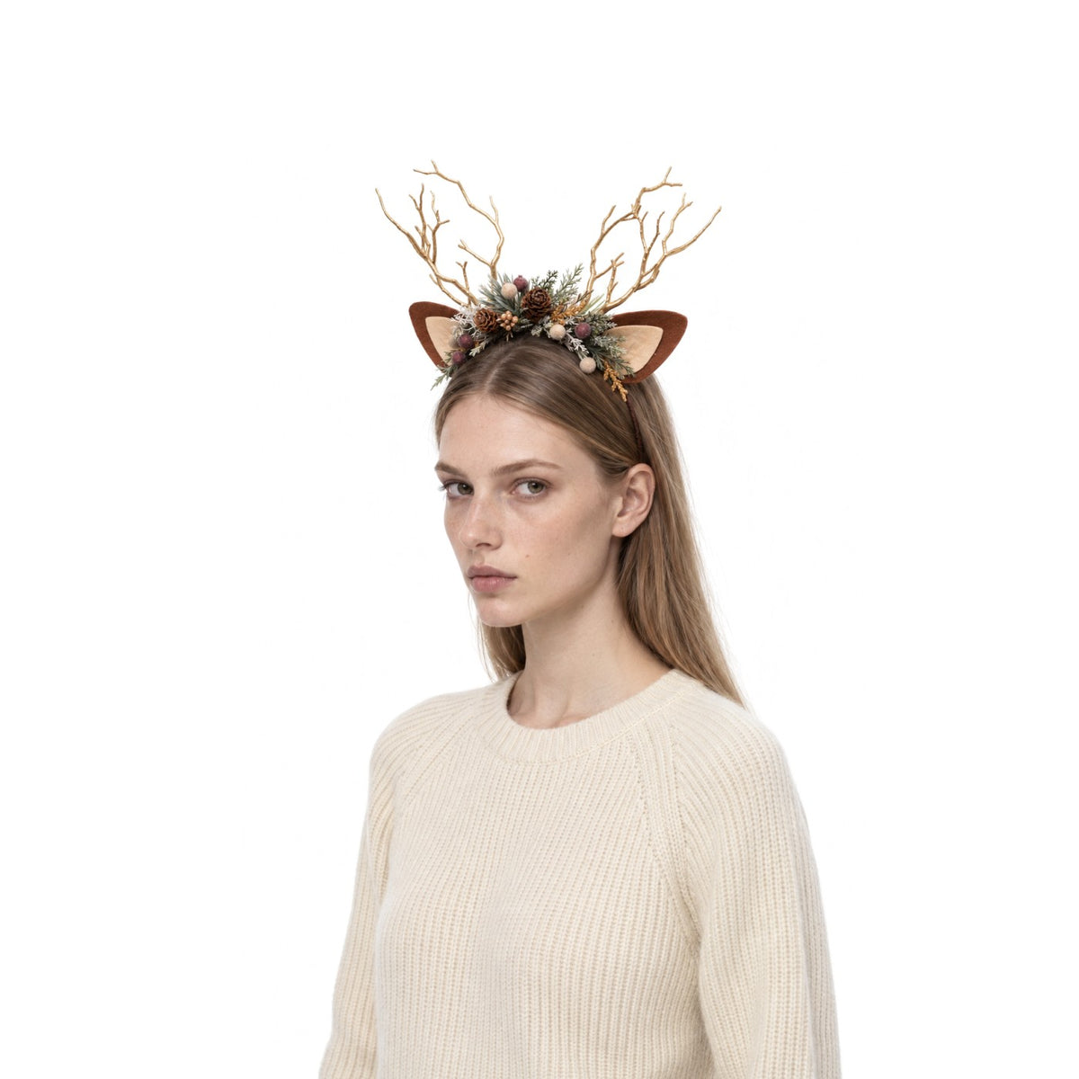 Pine Cone Christmas Reindeer Headband, worn by a model