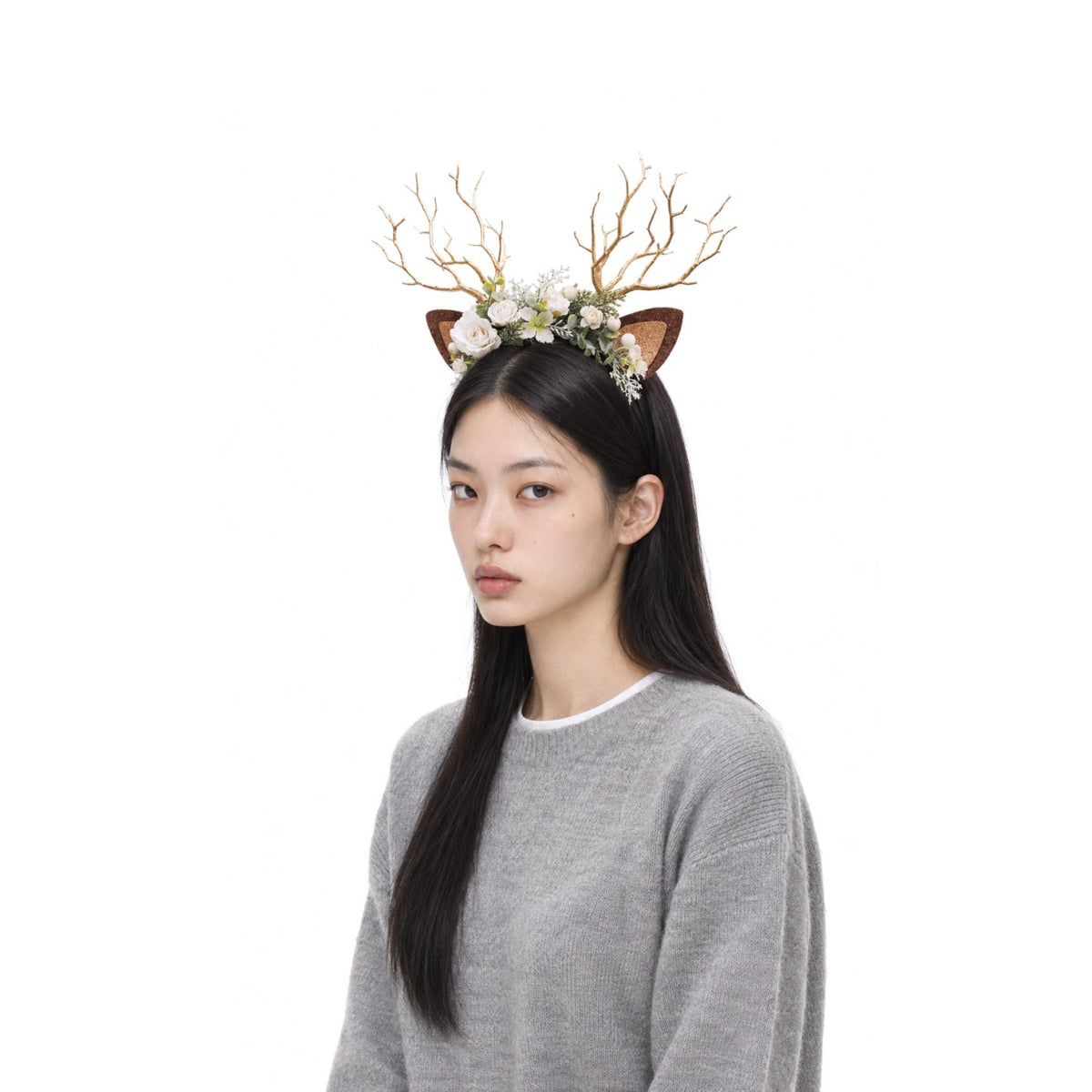 Snow Rose Christmas Reindeer Headband, worn by a model