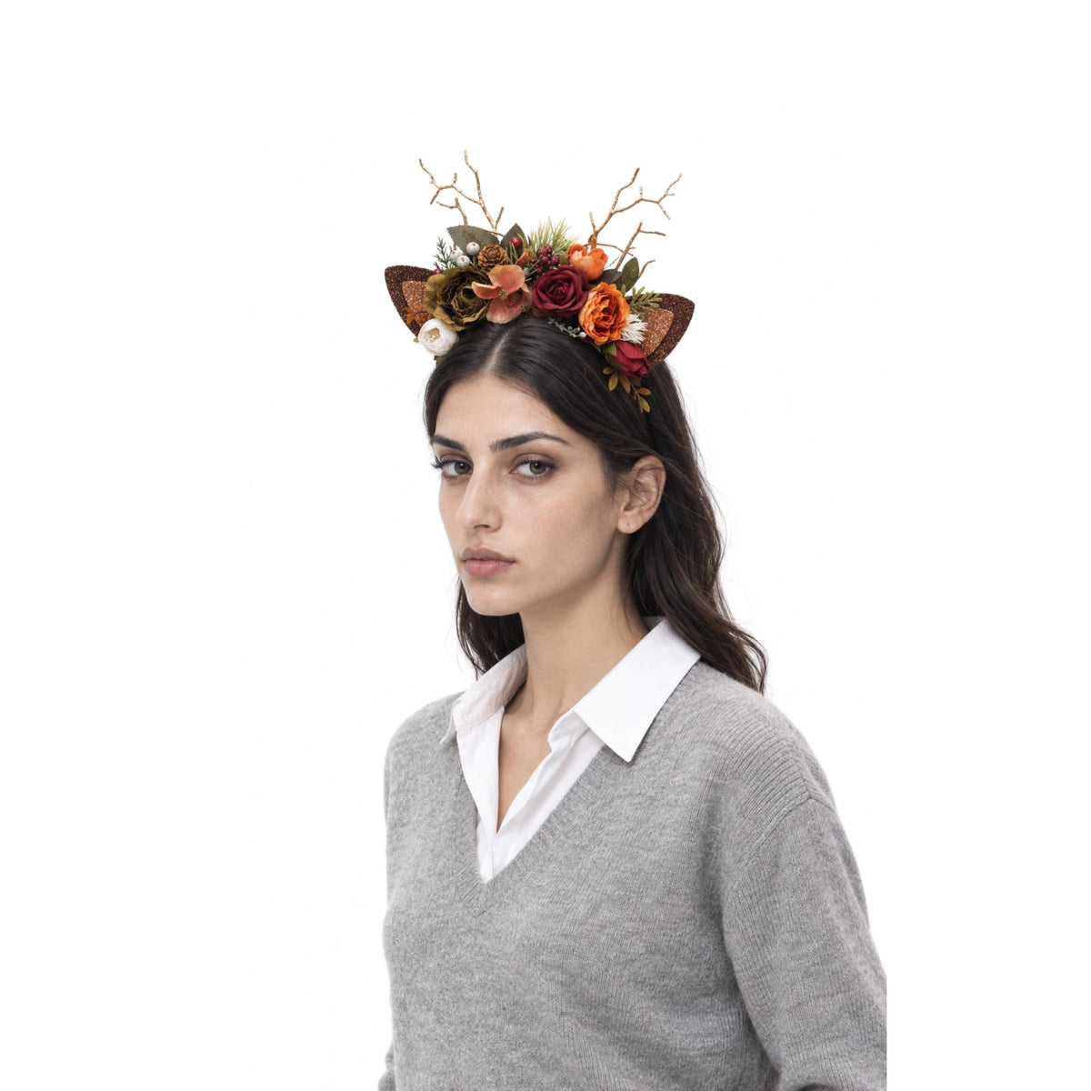 Winter Rose Christmas Reindeer Headband, worn by a model
