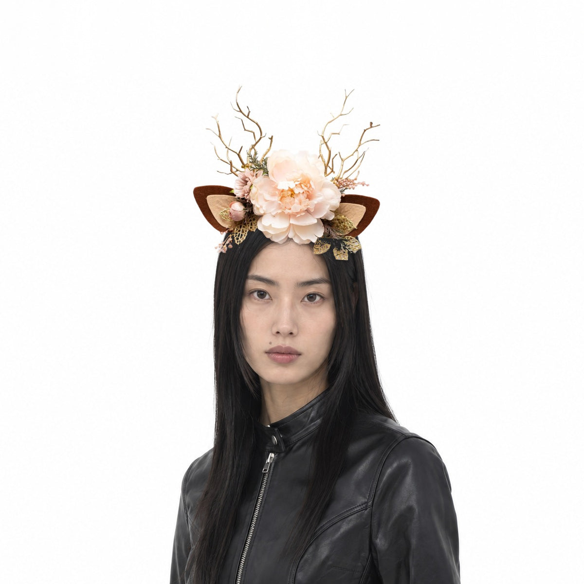 Ivory Peony Christmas Reindeer Headband, worn by a model