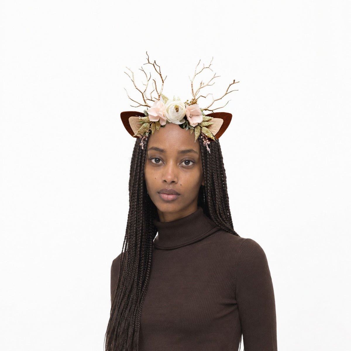 Pale Rose Christmas Reindeer Headband, worn by a model