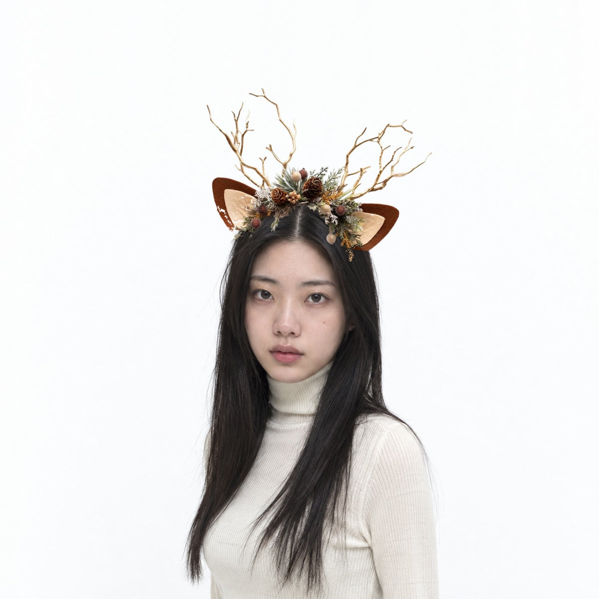 Pine Cone Christmas Reindeer Headband, worn by a model