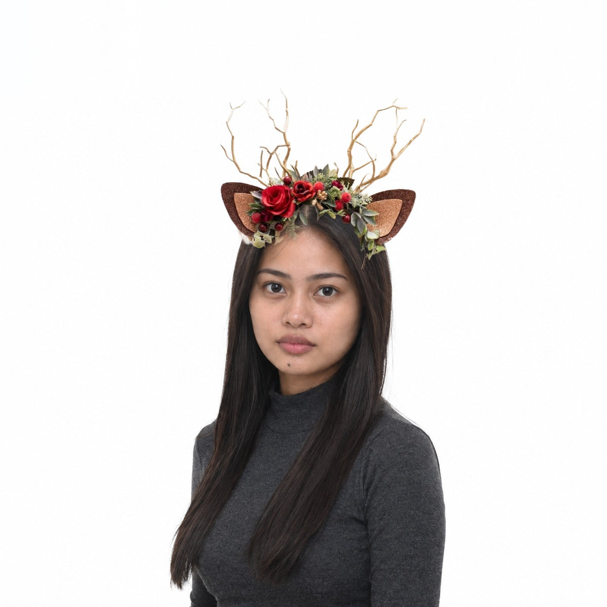 Rose Berry Christmas Reindeer Headband, worn by a model