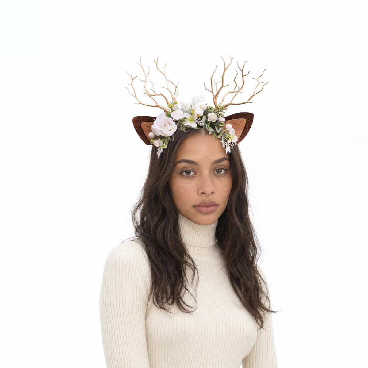 Snow Rose Christmas Reindeer Headband, worn by a model