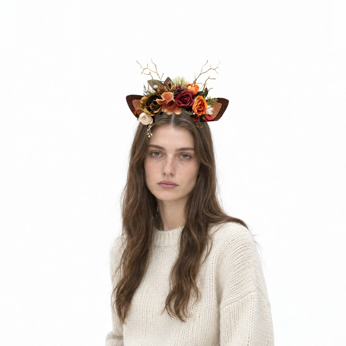 Winter Rose Christmas Reindeer Headband, worn by a model