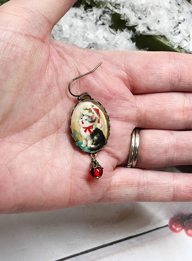 Victorian Christmas Cat Earrings