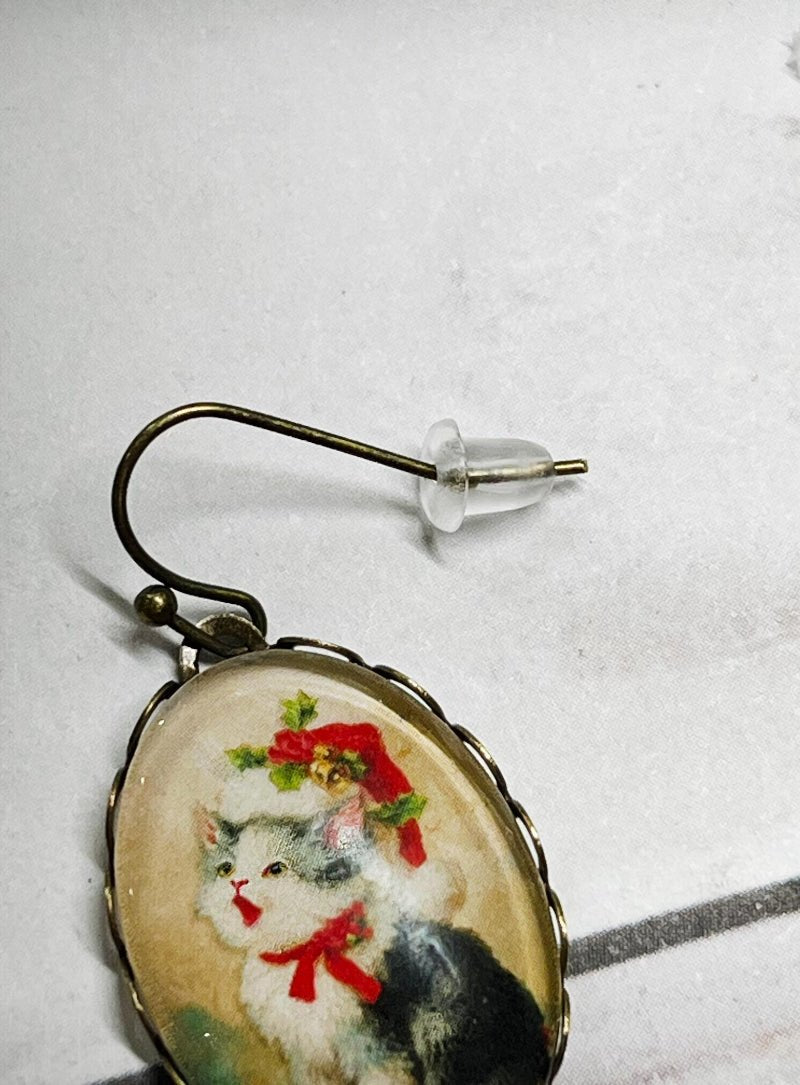 Victorian Christmas Cat Earrings