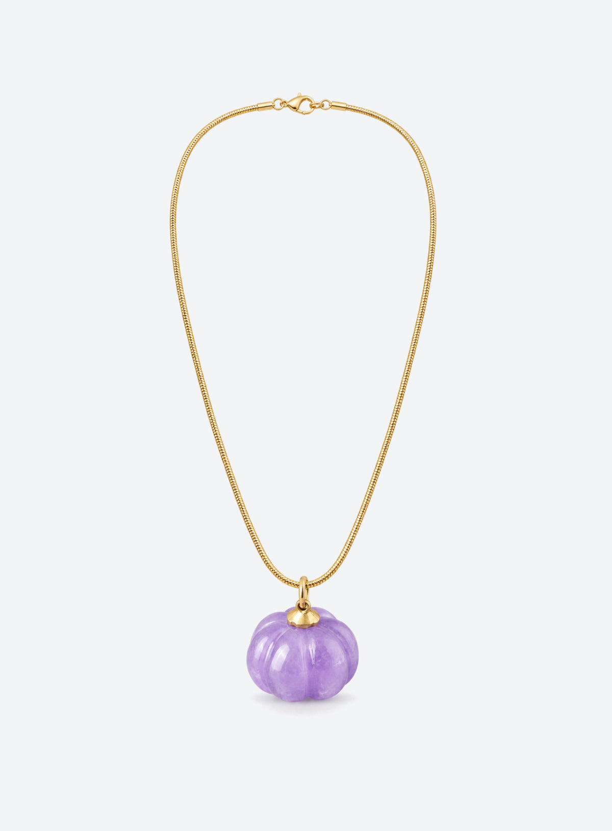 Purple chalcedony pumpkin pendant necklace with gold-tone cap and snake chain