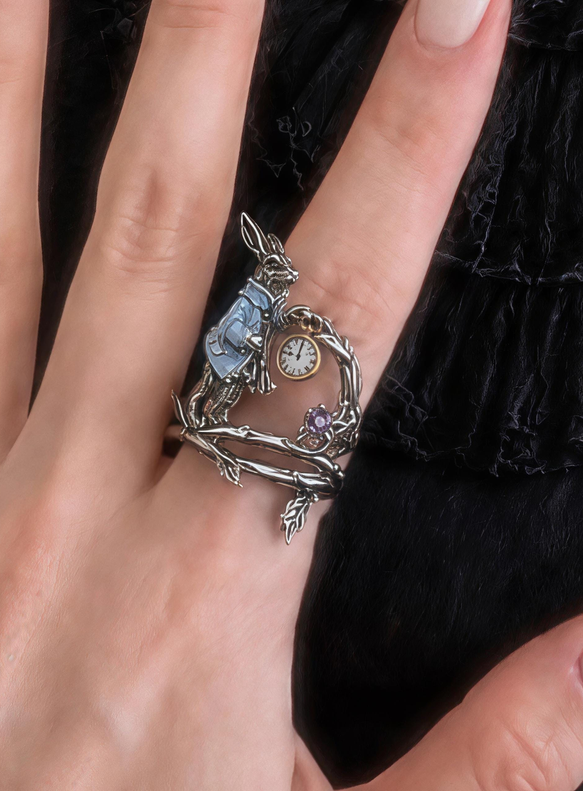 White gold plated copper Alice in Wonderland rabbit adjustable open ring
