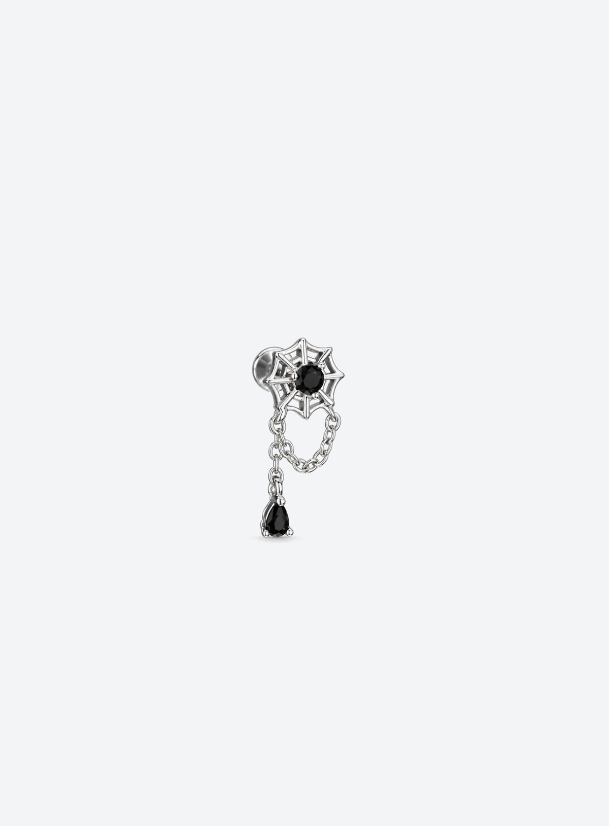 Silver-tone spider web labret stud with black center and teardrop stones and hanging chains