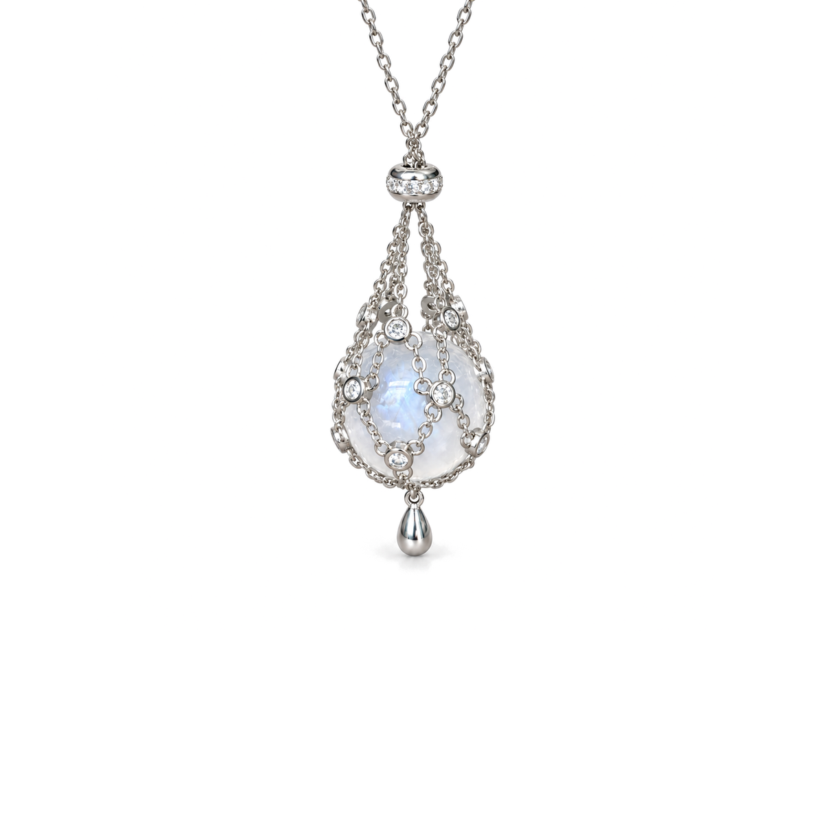 Moonstone Cage Necklace on a white studio background