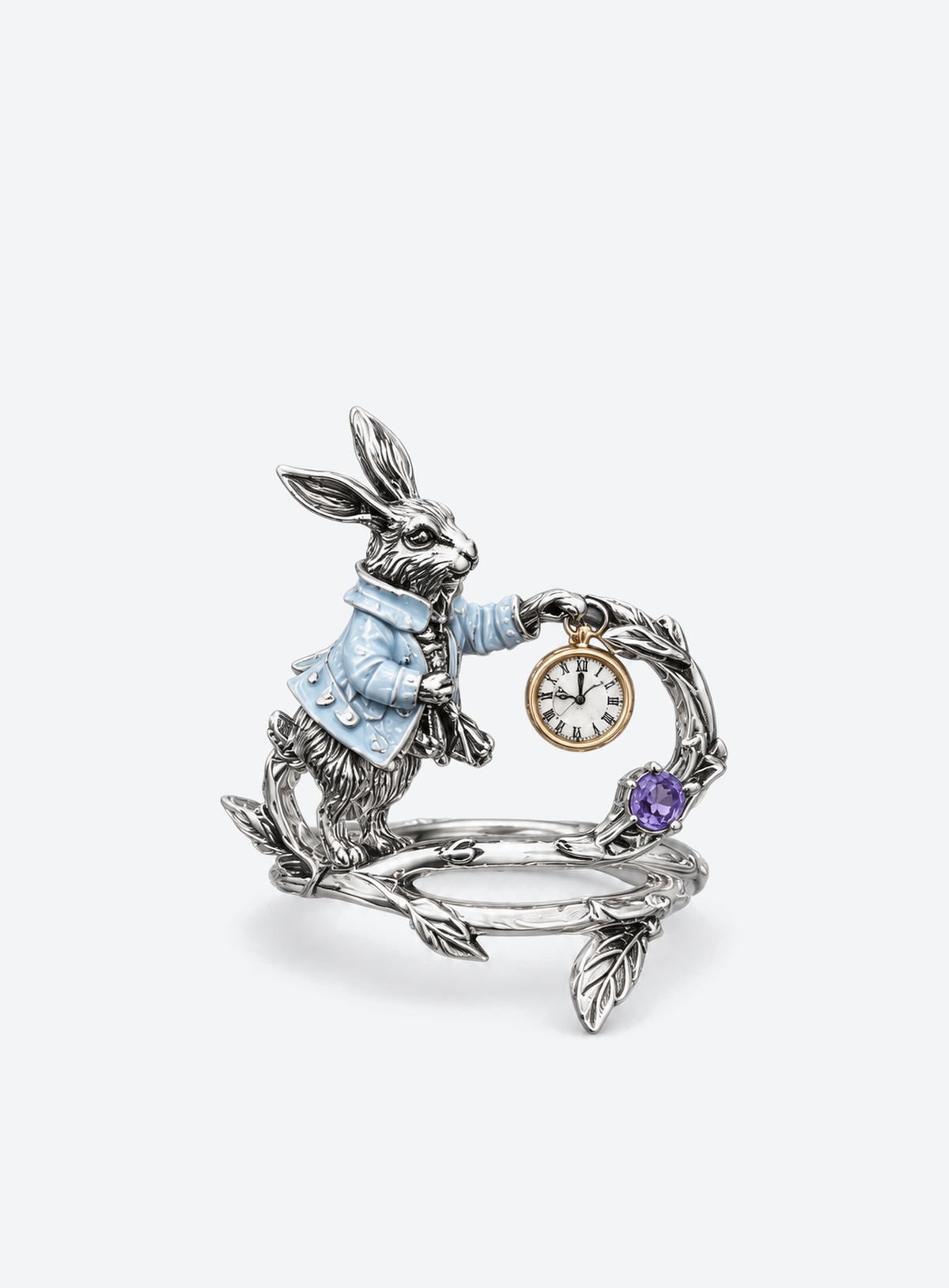 White gold plated copper Alice in Wonderland rabbit adjustable open ring
