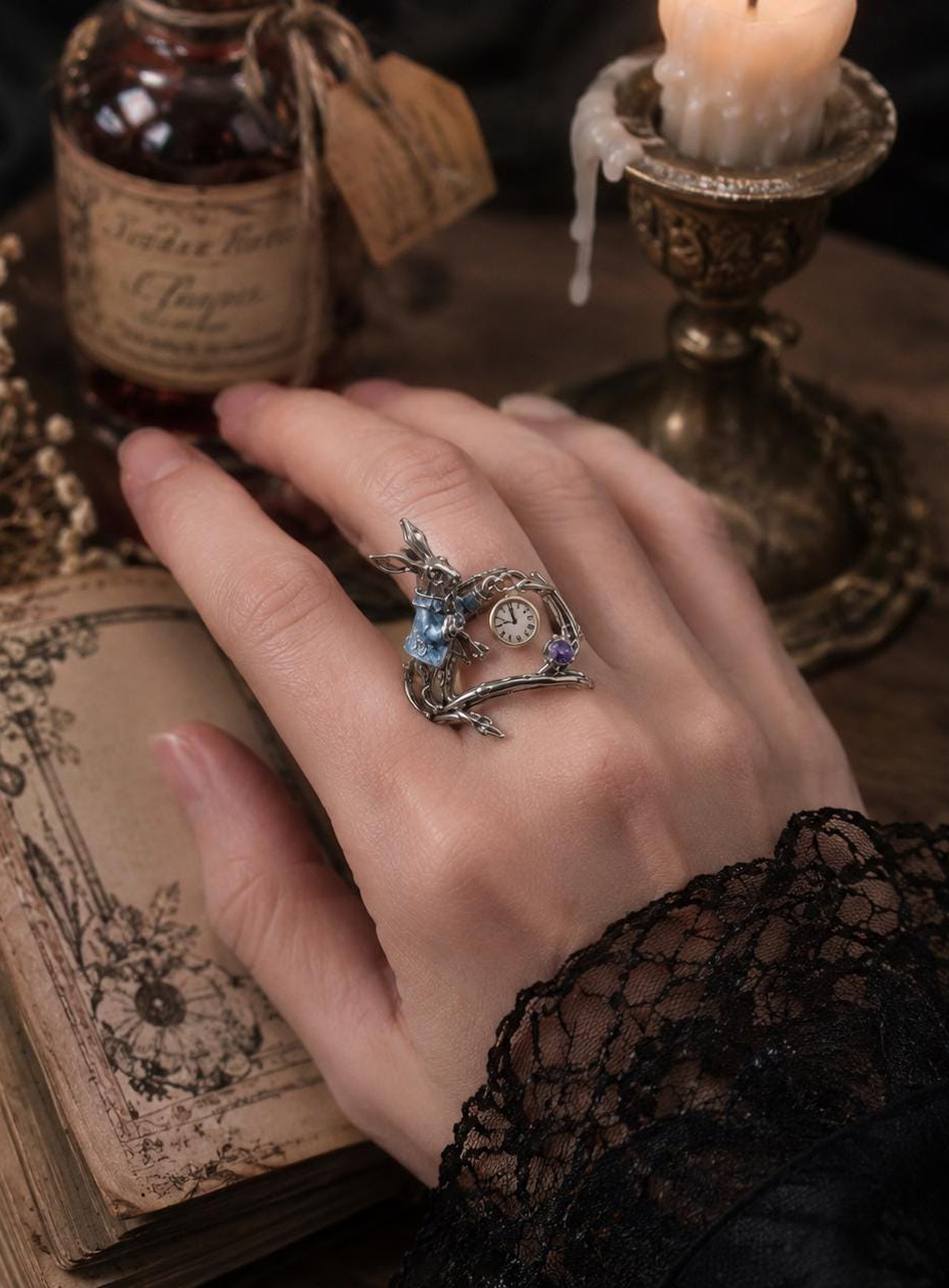 White gold plated copper Alice in Wonderland rabbit adjustable open ring
