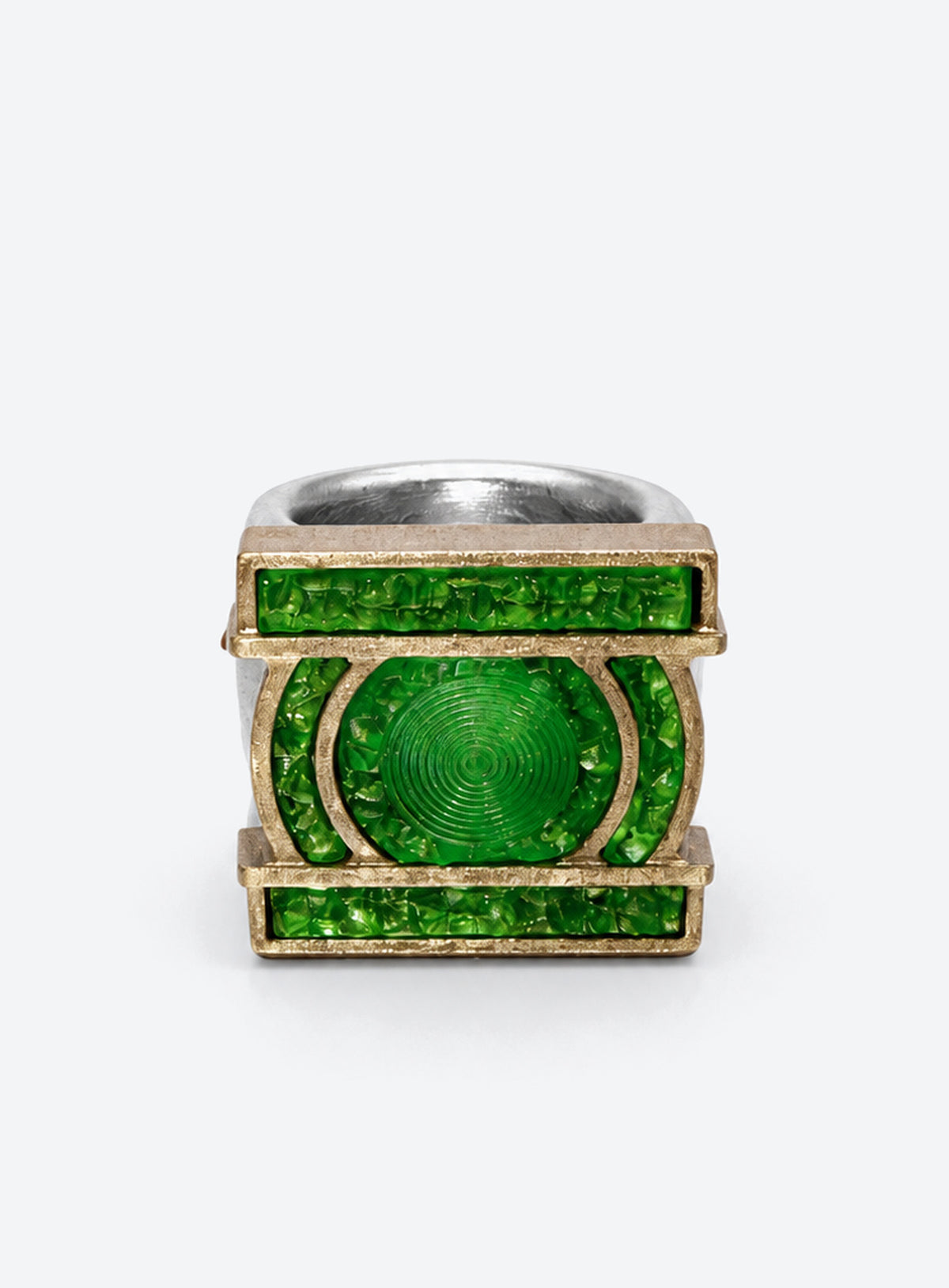 Green emblem cosplay ring with silver-colored band, gold-colored outlines and translucent green face