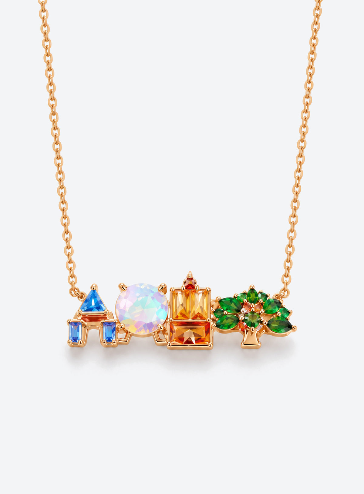 Castle skyline pendant necklace with multicolored zircon accents on a delicate chain