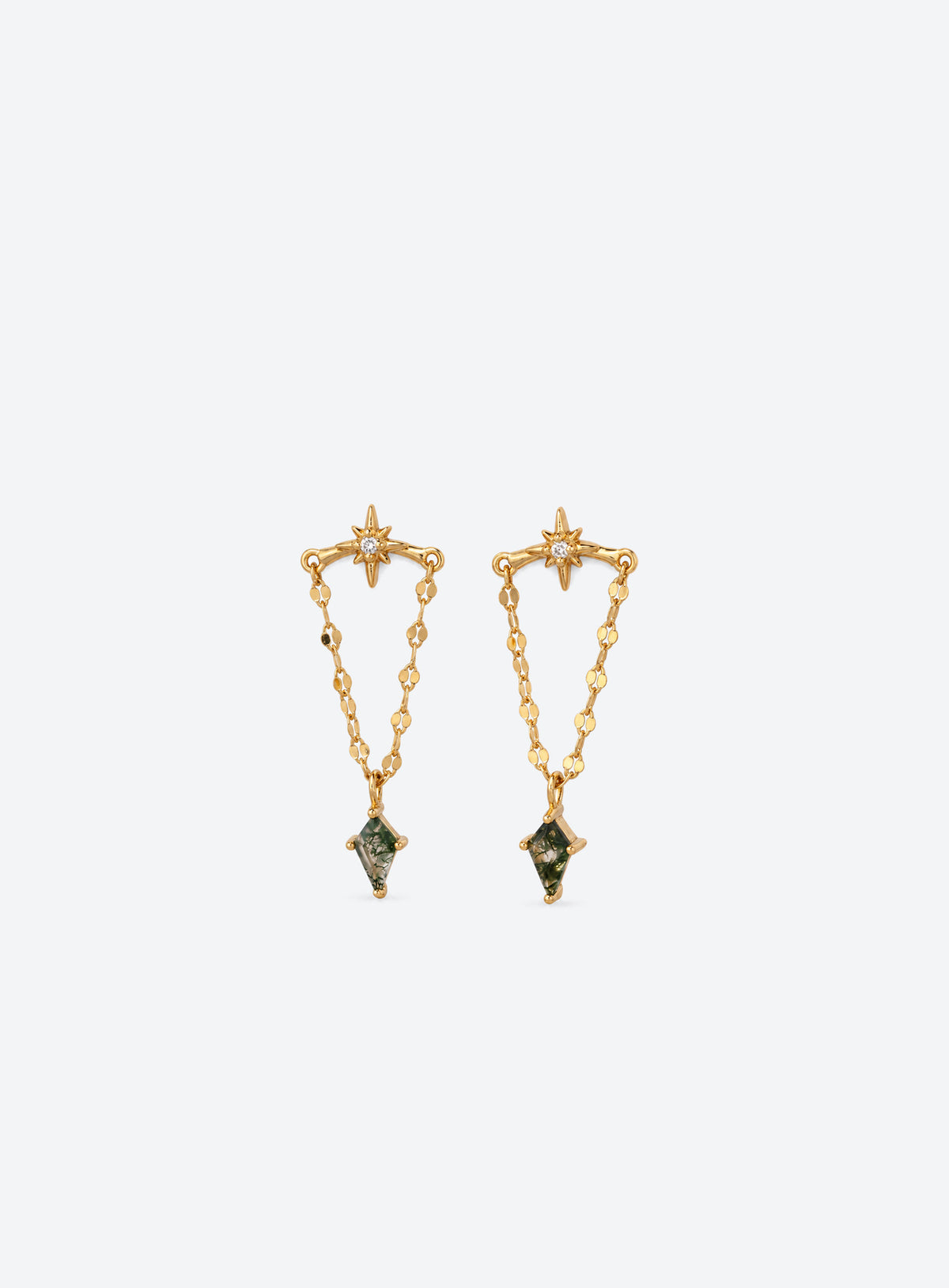 Pair of star stud earrings with double dangling chains and green agate charms (Gold)