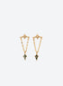 Pair of star stud earrings with double dangling chains and green agate charms (Gold)