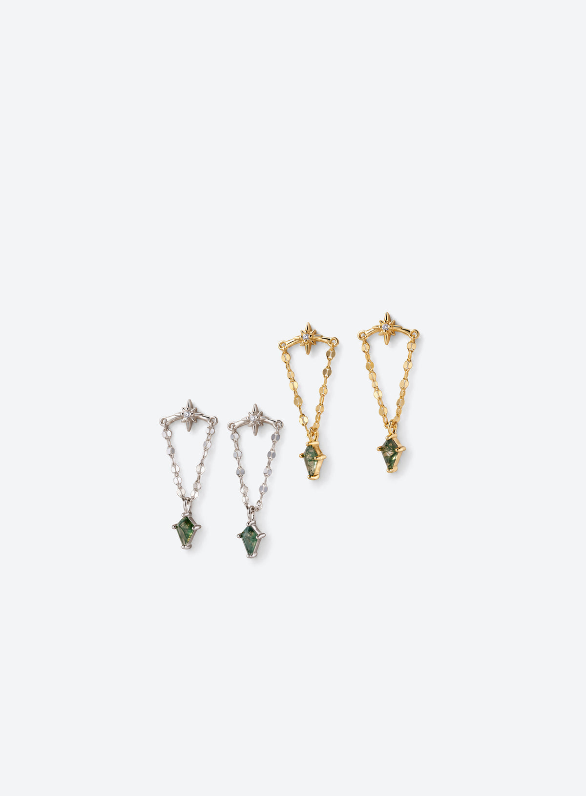 Pair of star stud earrings with double dangling chains and green agate charms