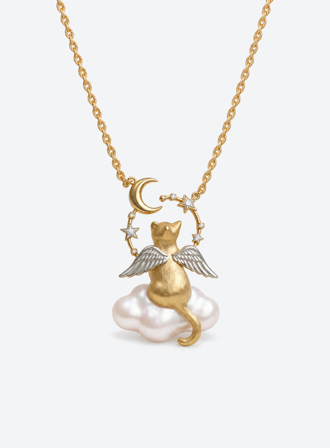 Necklace with a winged cat pendant sitting on a baroque-style pearl cloud with moon and star accents