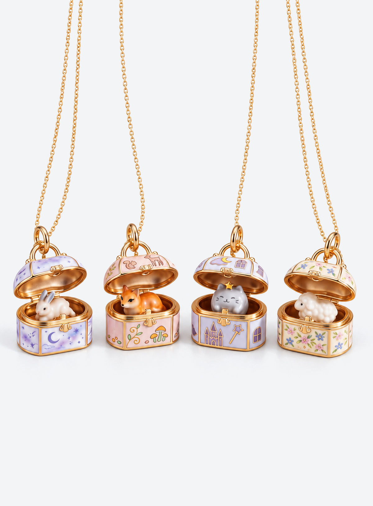 Animal treasure box locket necklaces with castle, woodland, night-sky, and floral designs