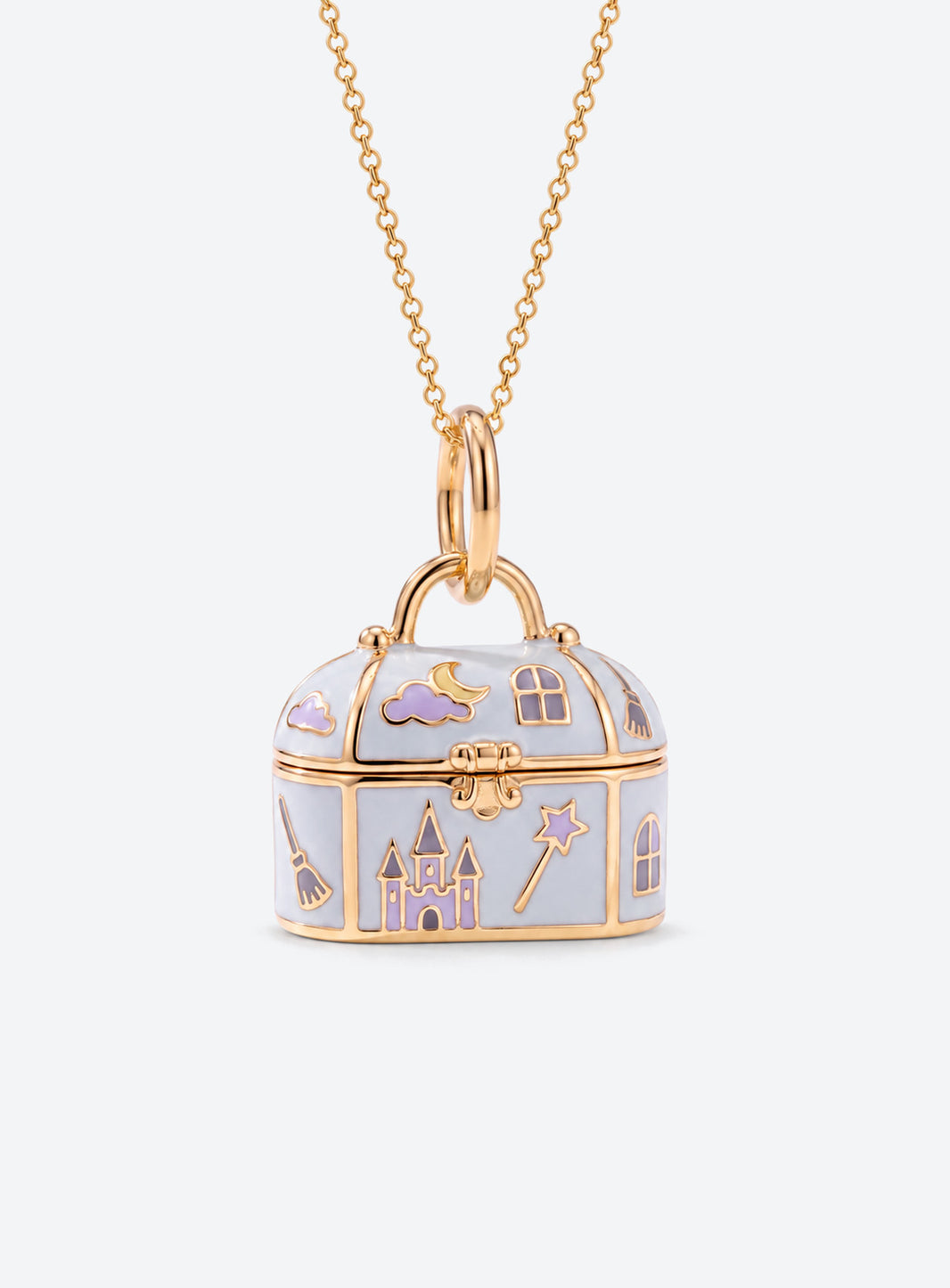 Animal treasure box locket necklaces with castle, woodland, night-sky, and floral designs (Cat)