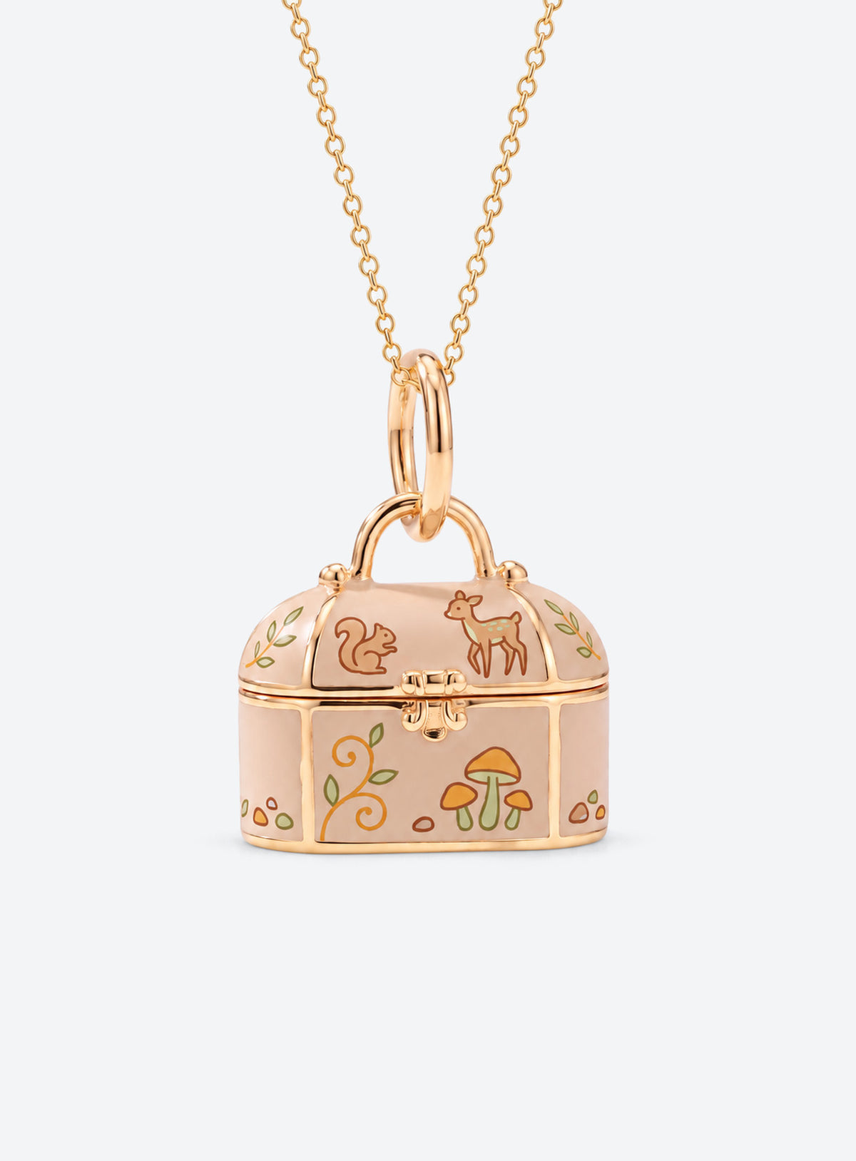 Animal treasure box locket necklaces with castle, woodland, night-sky, and floral designs (Fox)