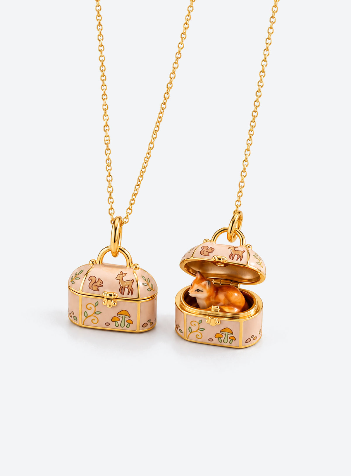 Animal treasure box locket necklaces with castle, woodland, night-sky, and floral designs (Fox)