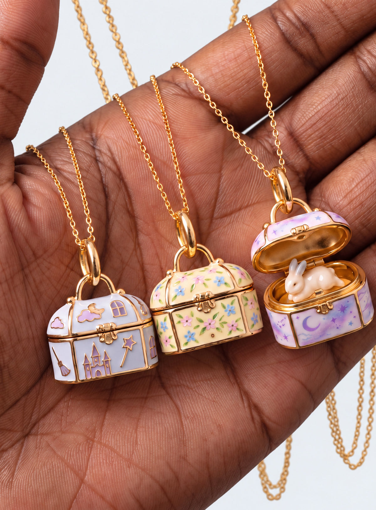 Animal treasure box locket necklaces with castle, woodland, night-sky, and floral designs