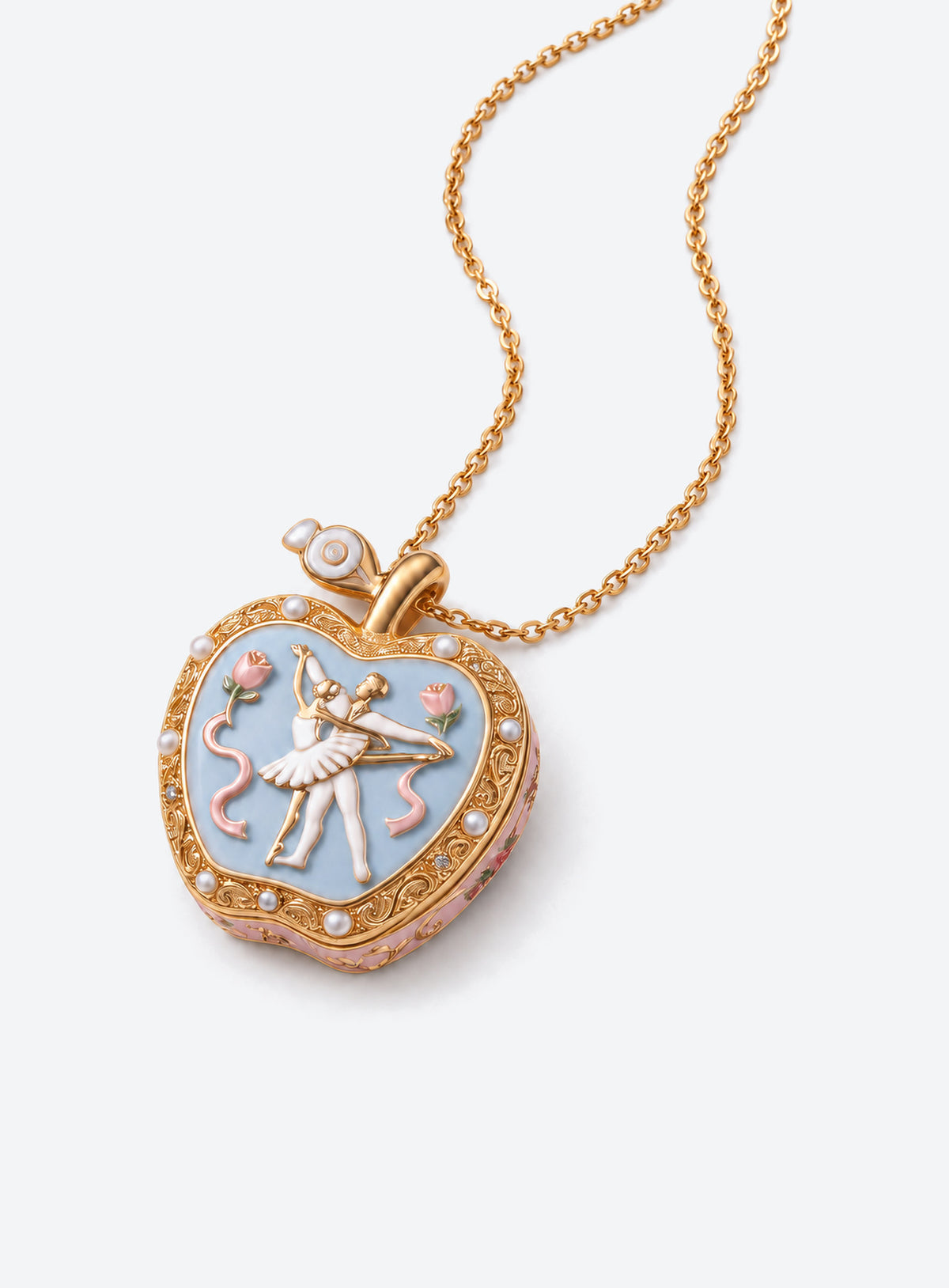 Apple-shaped locket necklace with a colored decorative front and gold-tone chain (Blue Ballet)
