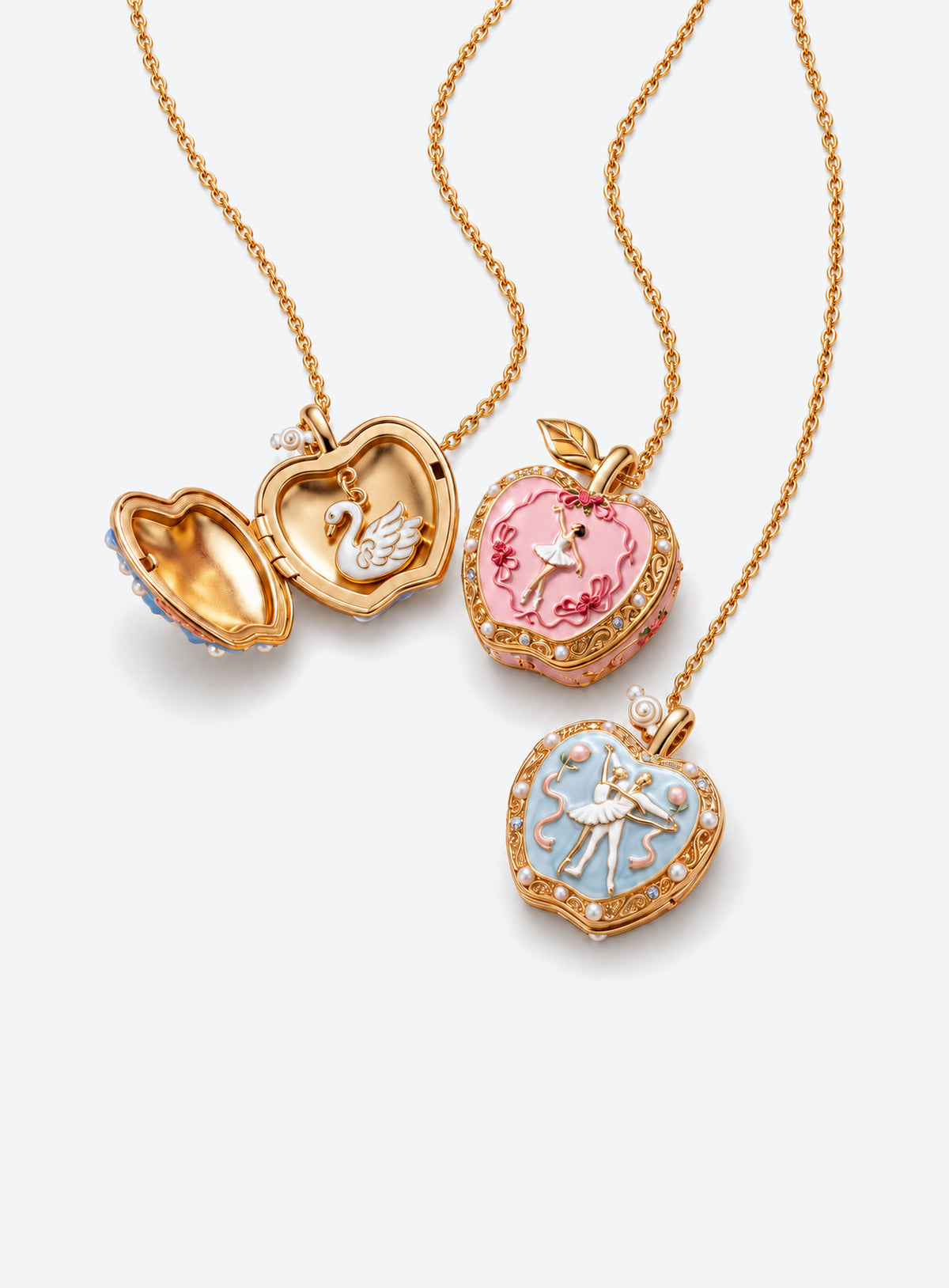 Apple-shaped locket necklace with a colored decorative front and gold-tone chain