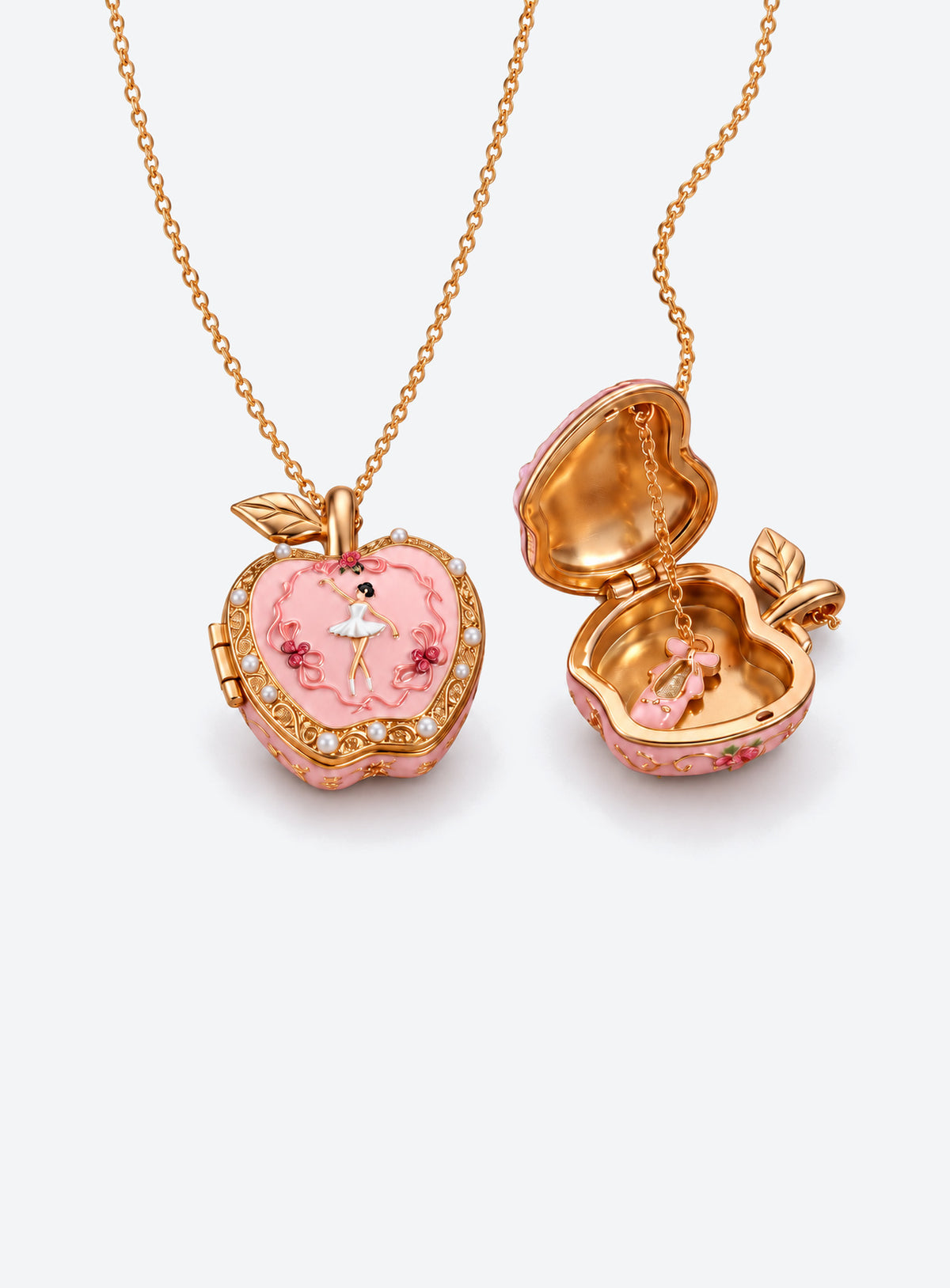 Apple-shaped locket necklace with a colored decorative front and gold-tone chain (Pink Ballet)