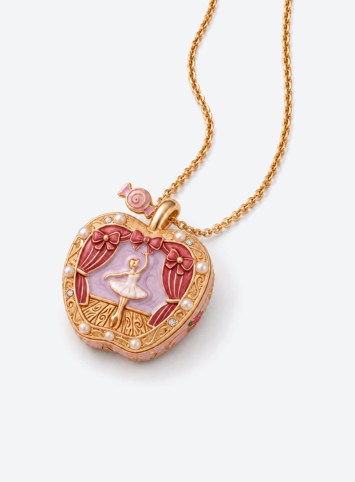 Apple-shaped locket necklace with a colored decorative front and gold-tone chain (Lilac Ballet)