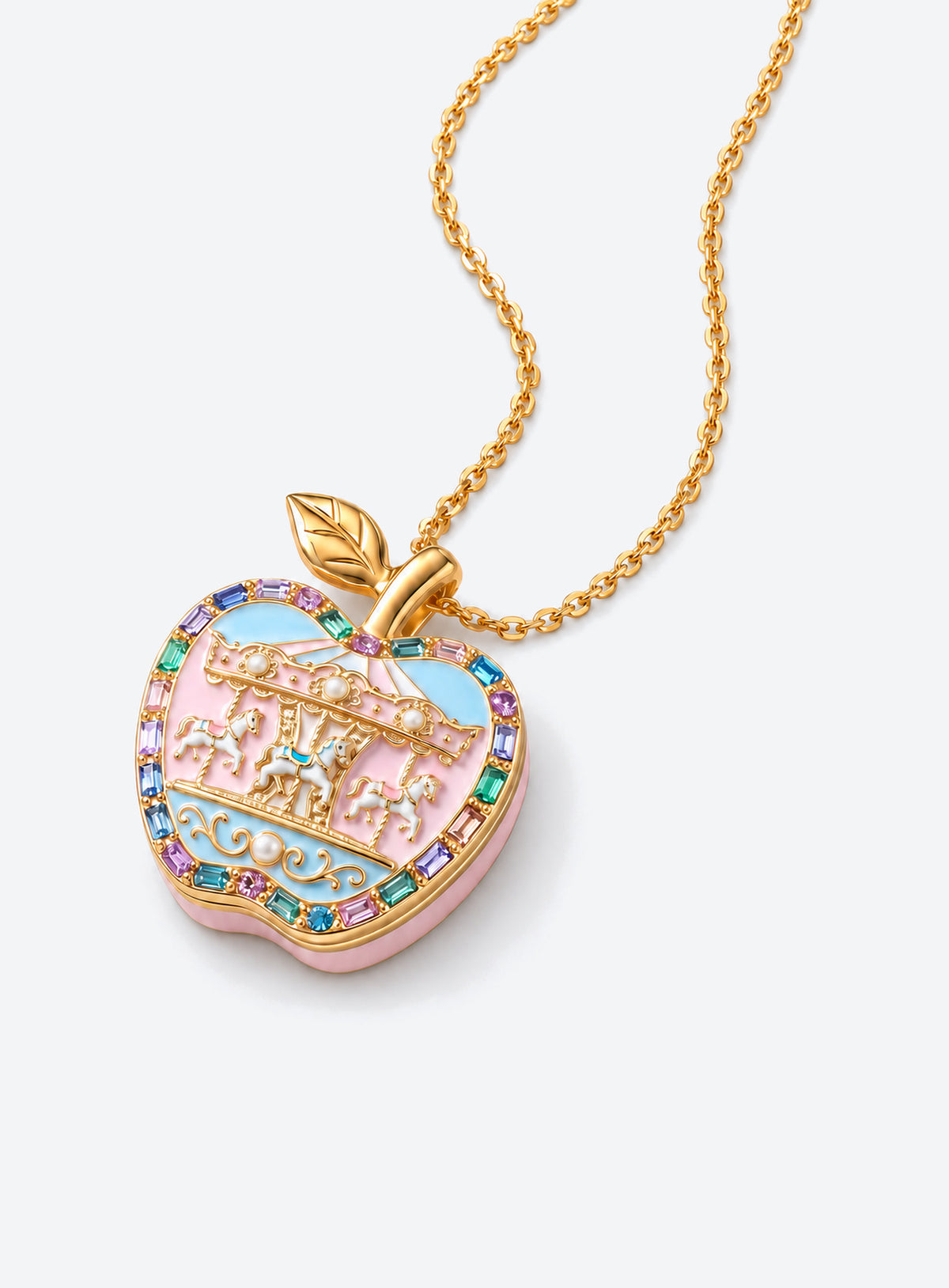 Apple-shaped locket necklace with a colored decorative front and gold-tone chain (Pink Carousel)