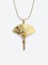 Gold-tone articulated fan pendant necklace with a crane design and matching chain