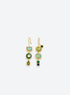 Mismatched drop earrings with green, turquoise-tone and blue-green details, gold-tone settings and hook ear wires