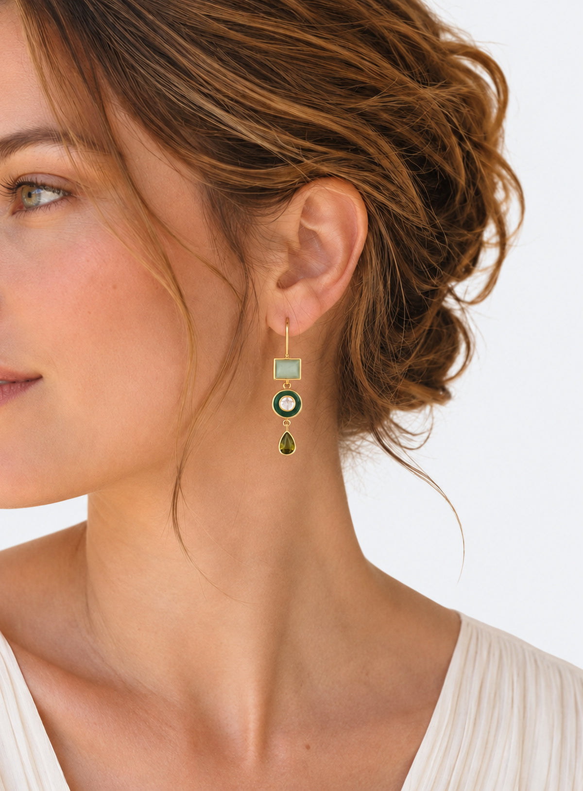 Mismatched drop earrings with green, turquoise-tone and blue-green details, gold-tone settings and hook ear wires