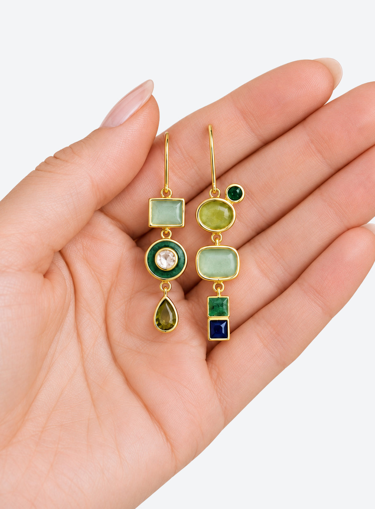 Mismatched drop earrings with green, turquoise-tone and blue-green details, gold-tone settings and hook ear wires