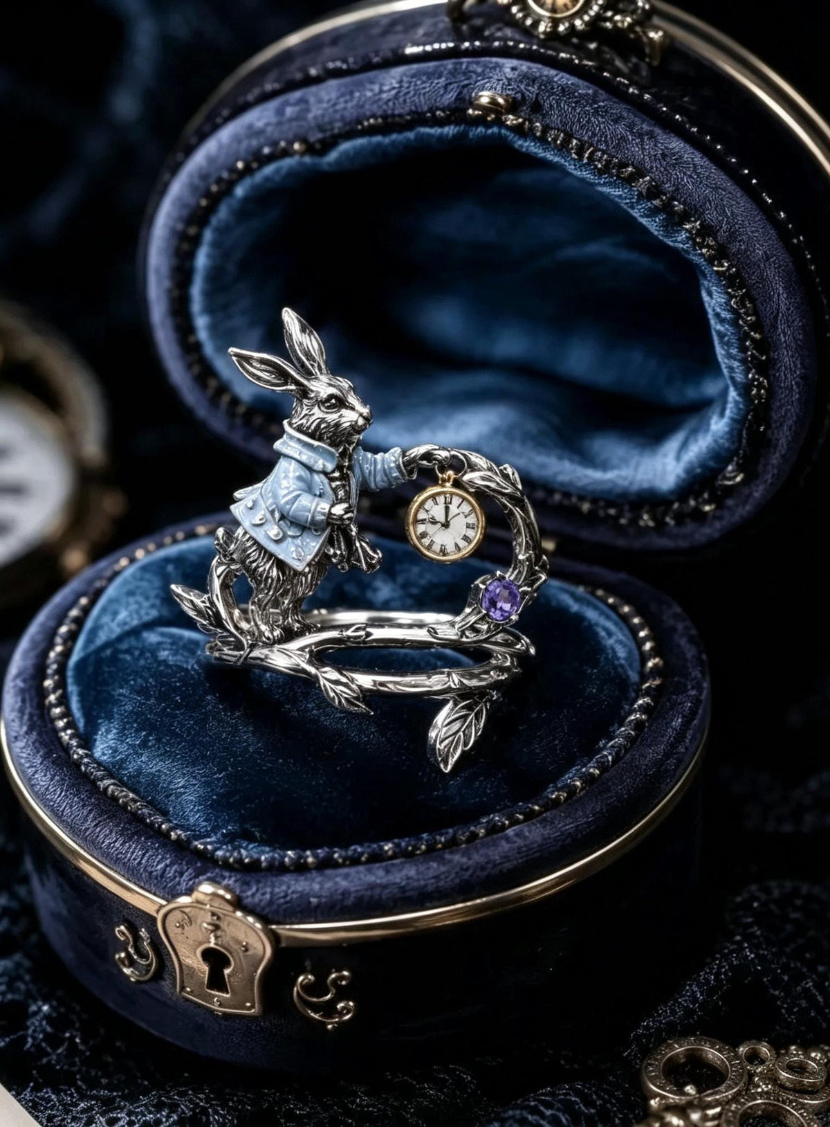 White gold plated copper Alice in Wonderland rabbit adjustable open ring