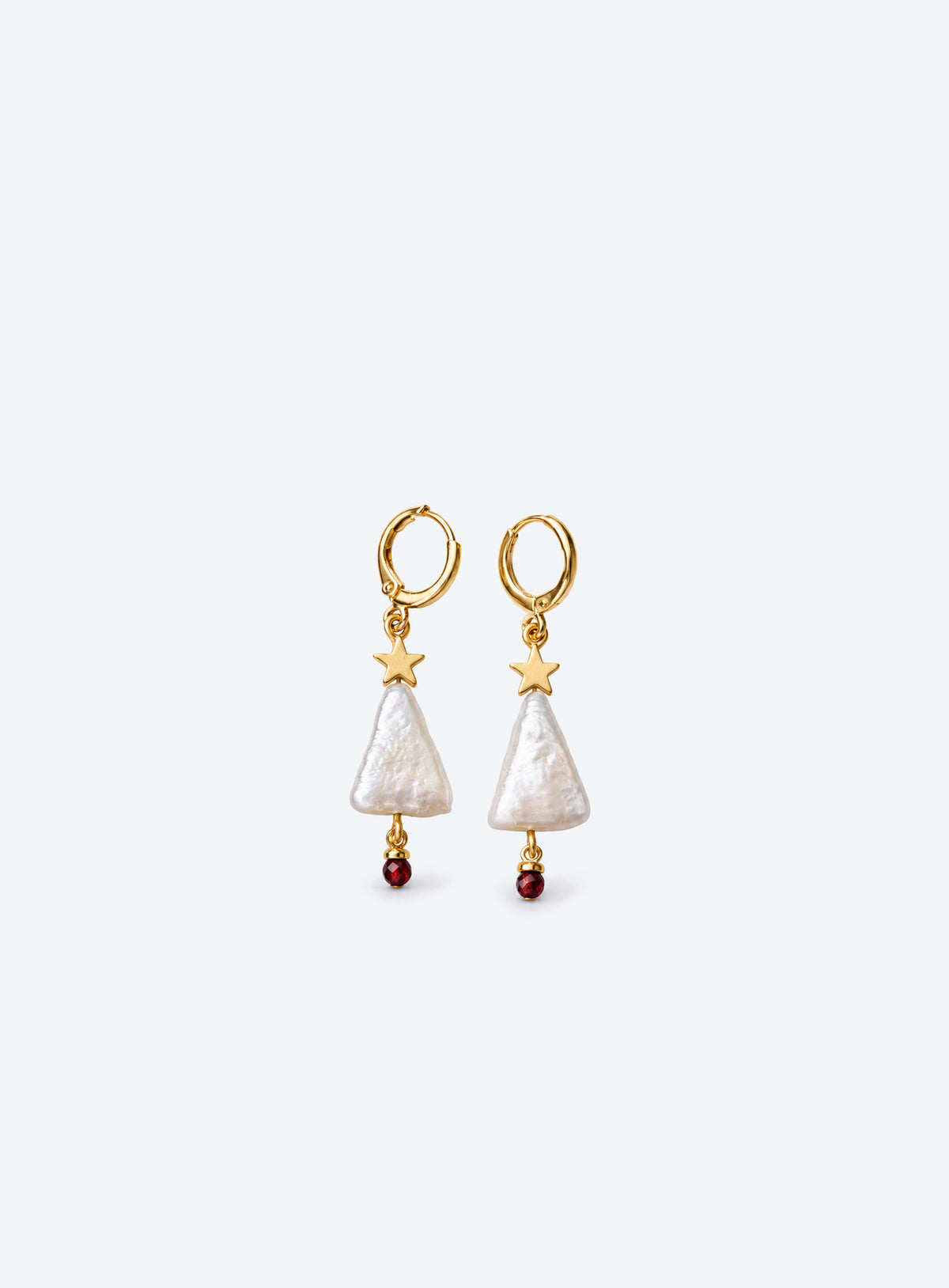 Hoop earrings with triangular baroque pearls, gold-tone stars above and small red garnets below