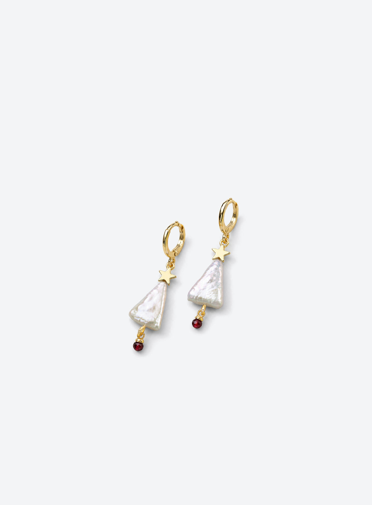 Hoop earrings with triangular baroque pearls, gold-tone stars above and small red garnets below
