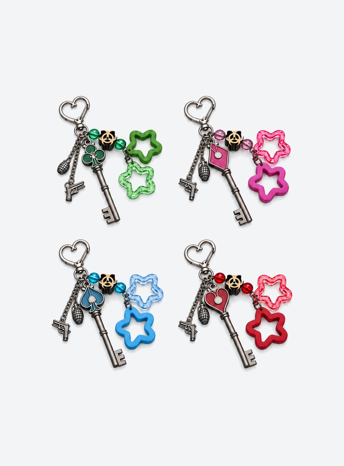 Four colorful beaded suit keychains with heart clasps, key shapes, beads and decorative charms