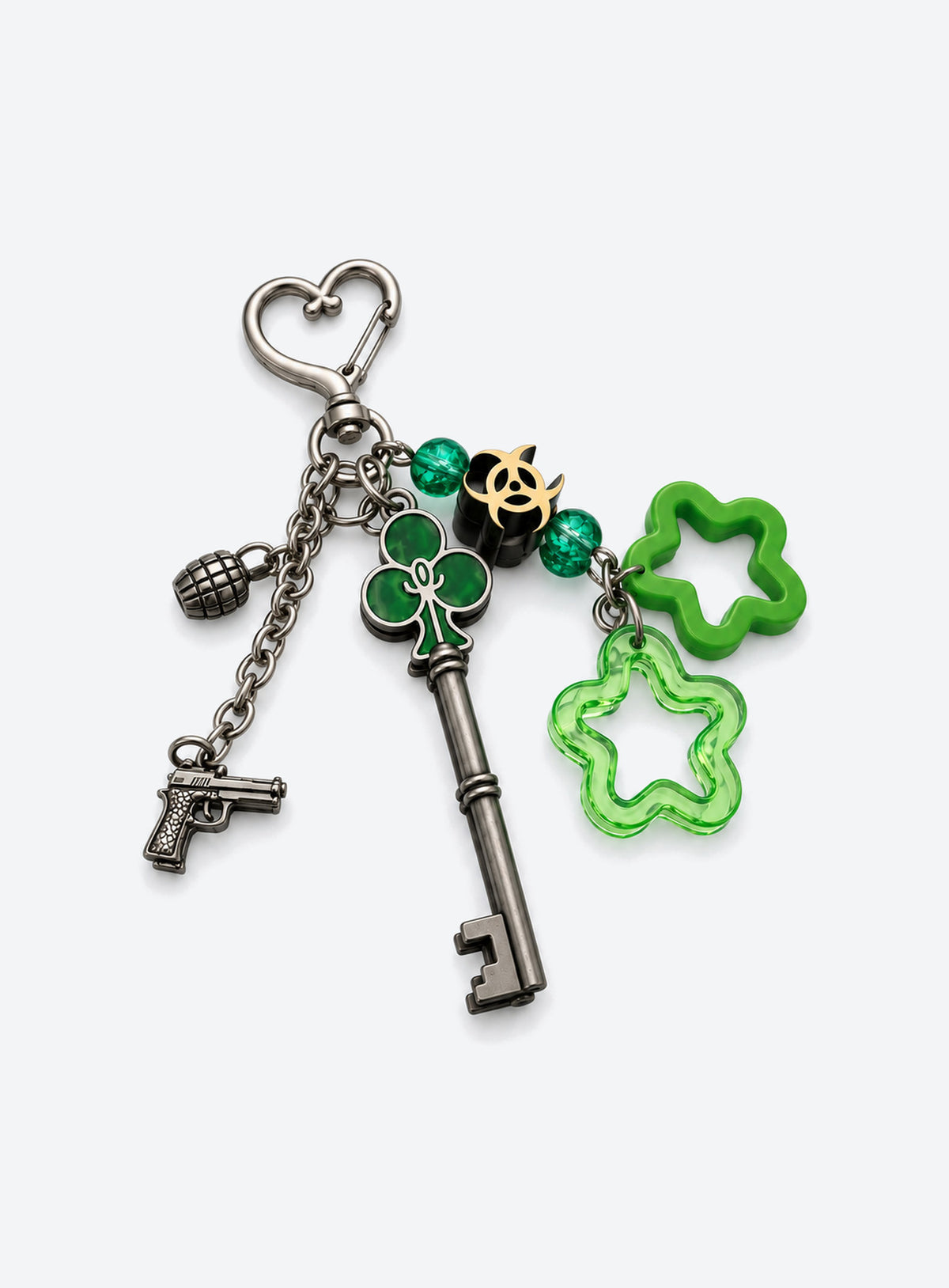 Four colorful beaded suit keychains with heart clasps, key shapes, beads and decorative charms