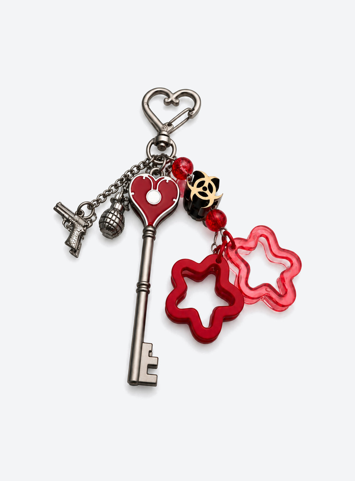 Four colorful beaded suit keychains with heart clasps, key shapes, beads and decorative charms