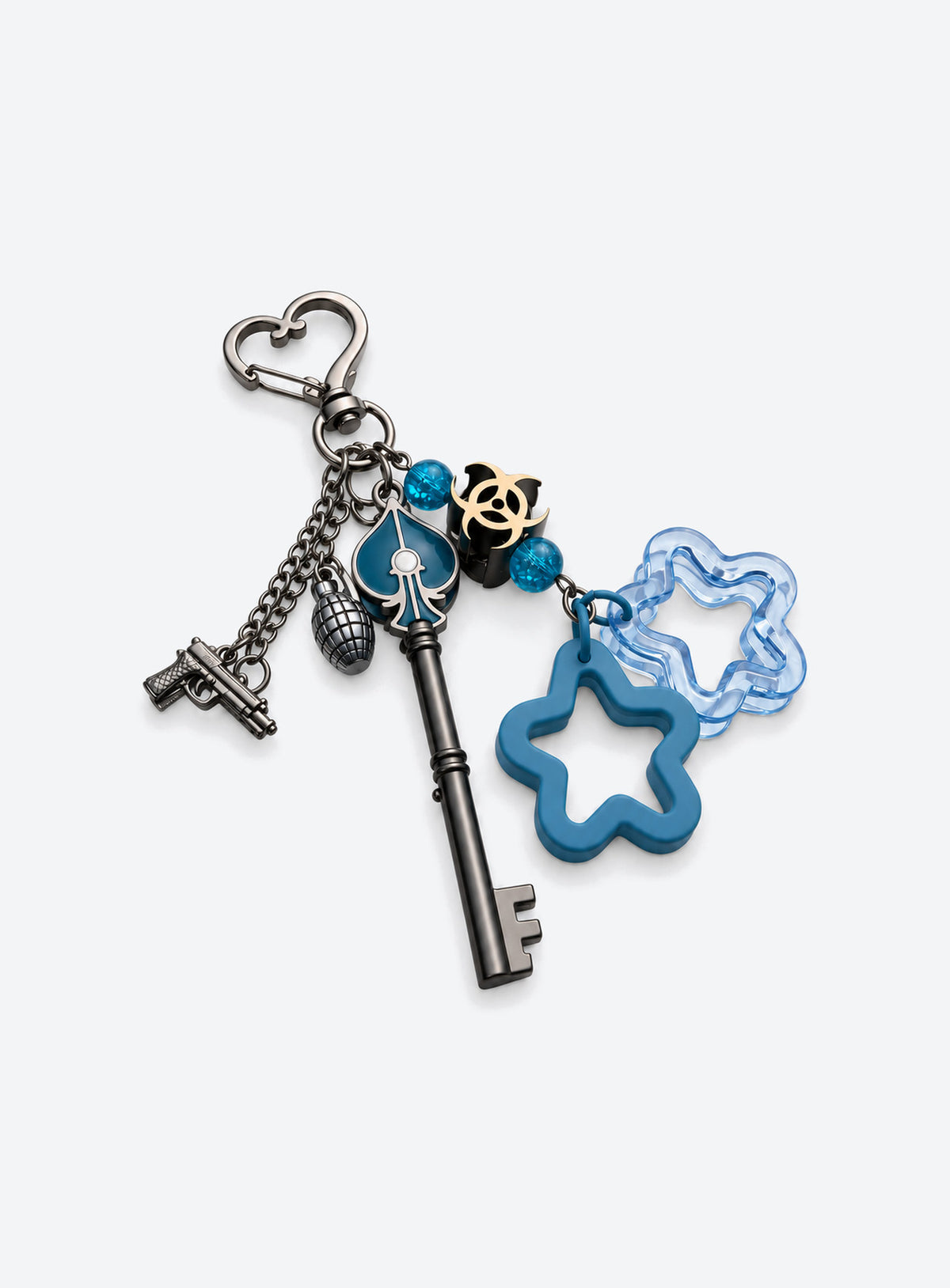 Four colorful beaded suit keychains with heart clasps, key shapes, beads and decorative charms