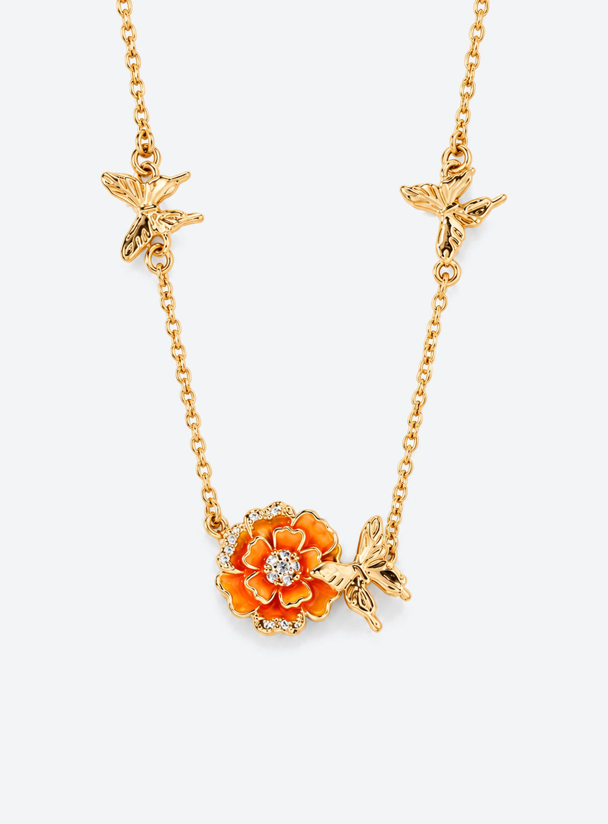 Birth flower necklace with an enamel flower centerpiece and small butterfly accents along the chain (October)