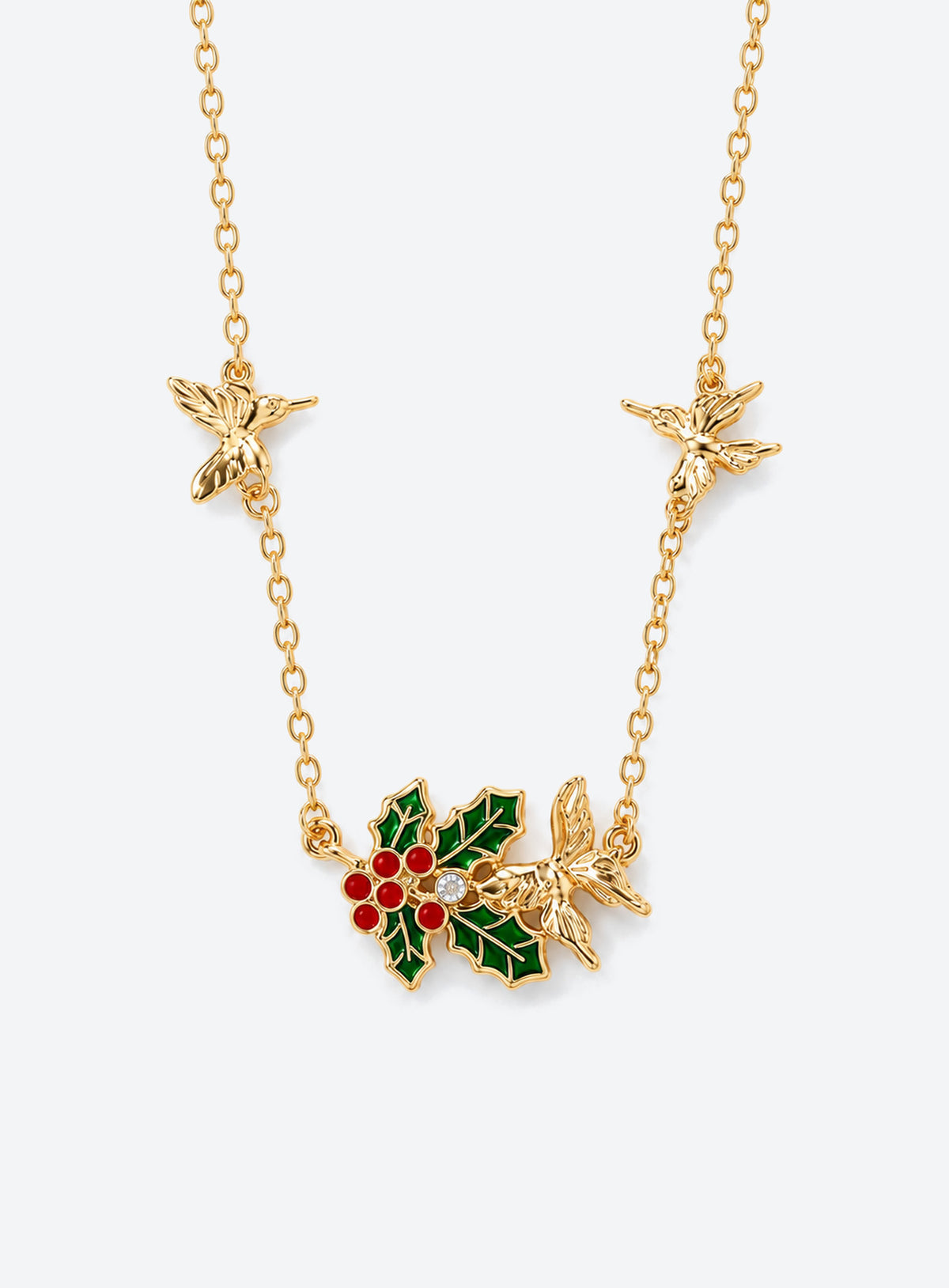 Birth flower necklace with an enamel flower centerpiece and small butterfly accents along the chain (November)