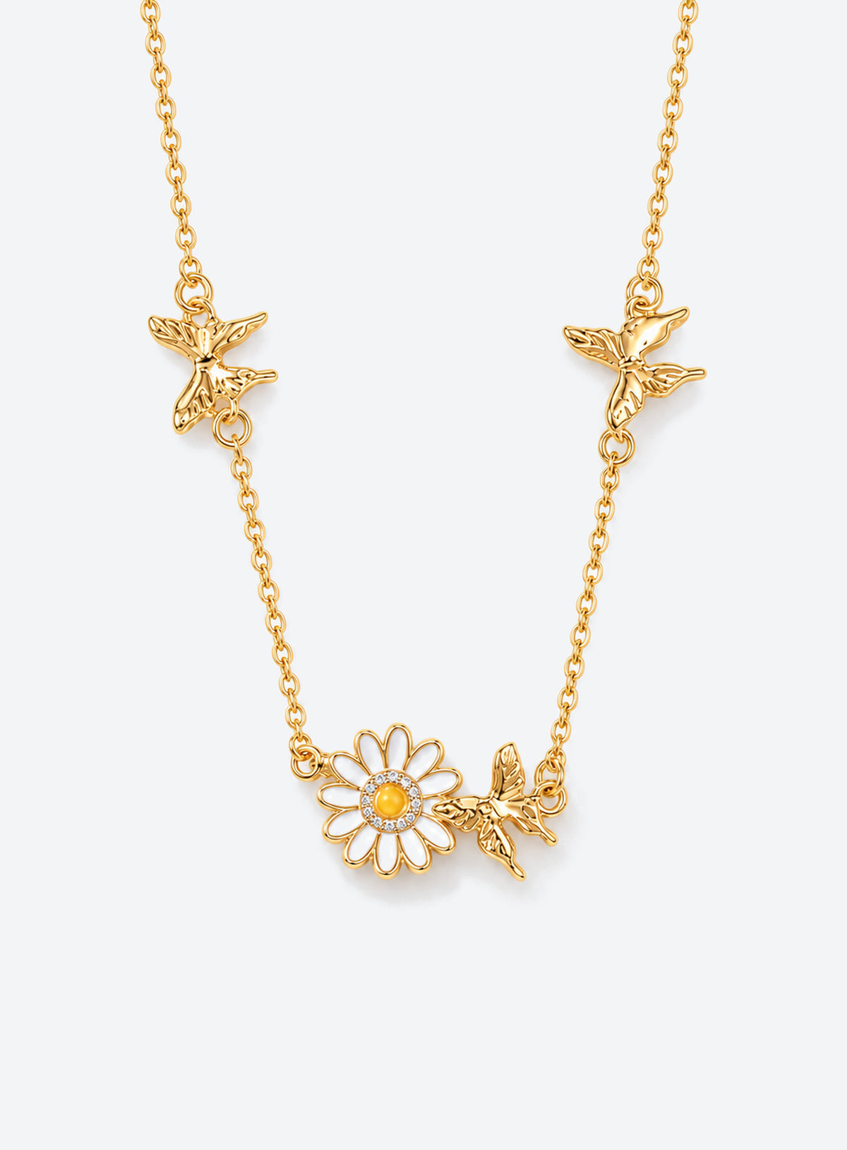 Birth flower necklace with an enamel flower centerpiece and small butterfly accents along the chain (April)